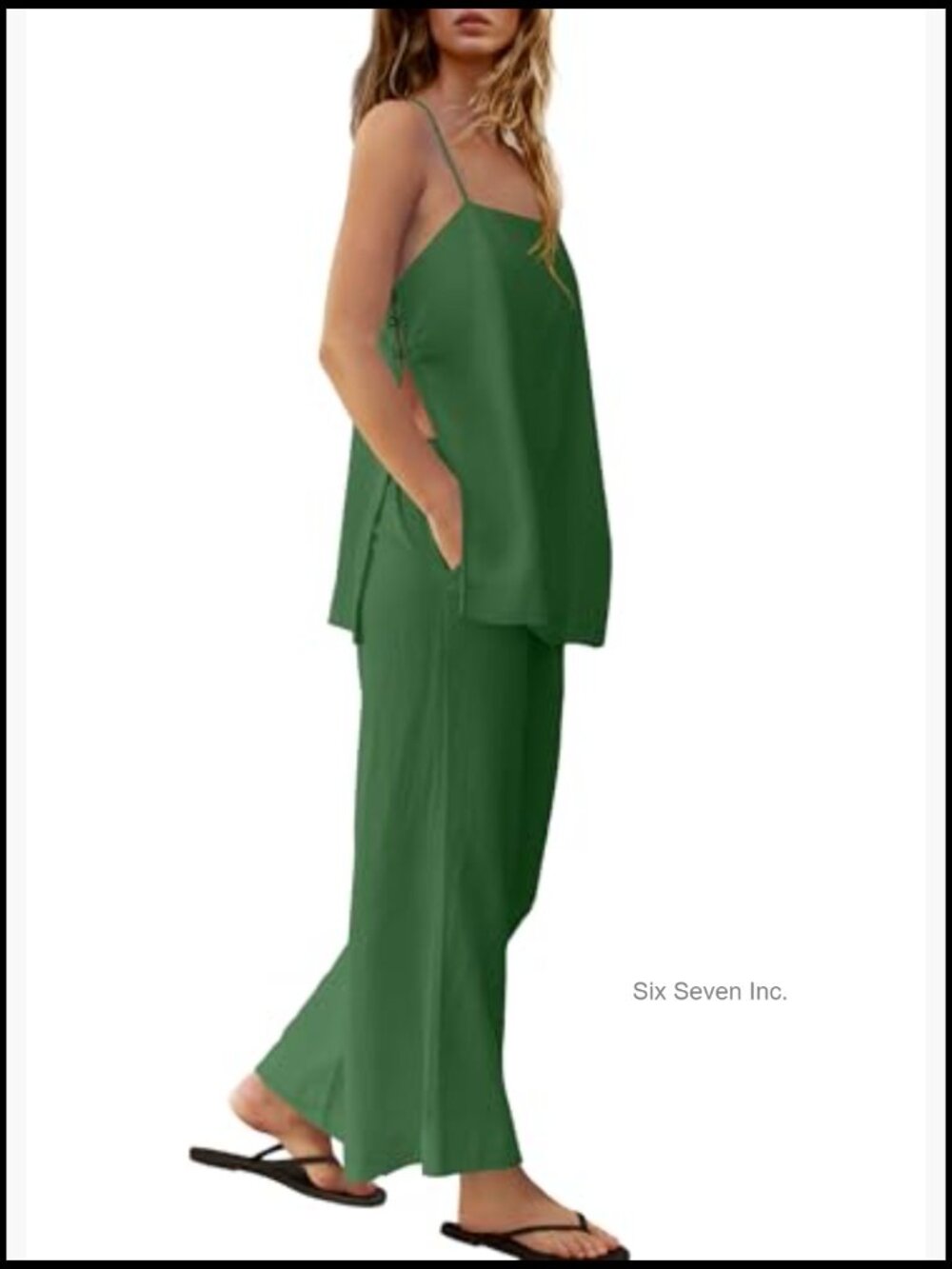 Linen 2 Piece Pants Set Spaghetti Strap Tank Top Wide Leg Lounge Outfits - Picture 3 of 7